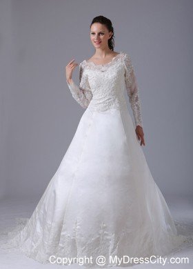 A-line V-neck Long Sleeves Lace Wedding Dress with Court Train