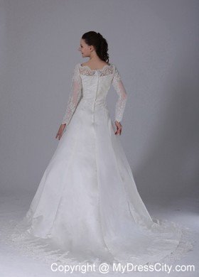 A-line V-neck Long Sleeves Lace Wedding Dress with Court Train