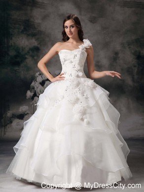 One Shoulder Appliques Wedding Dress with Hand Made Flowers