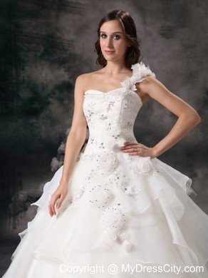 One Shoulder Appliques Wedding Dress with Hand Made Flowers