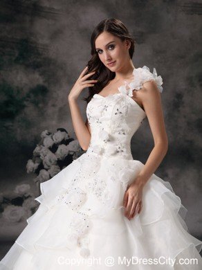 One Shoulder Appliques Wedding Dress with Hand Made Flowers