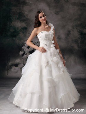 One Shoulder Appliques Wedding Dress with Hand Made Flowers