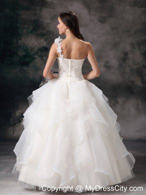 One Shoulder Appliques Wedding Dress with Hand Made Flowers