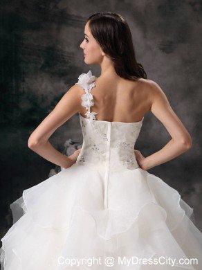 One Shoulder Appliques Wedding Dress with Hand Made Flowers