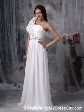 Empire Flower One Shoulder Brush Train Beaded Wedding Dress