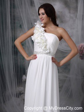 Empire Flower One Shoulder Brush Train Beaded Wedding Dress