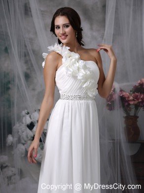 Empire Flower One Shoulder Brush Train Beaded Wedding Dress