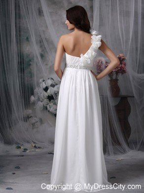 Empire Flower One Shoulder Brush Train Beaded Wedding Dress