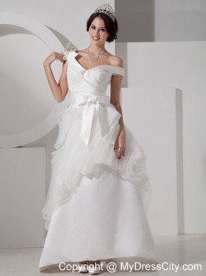 Unique A-line Off Shoulder Floor-length Wedding Dress with Sash