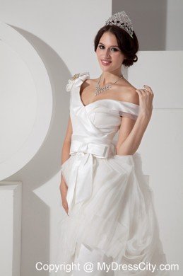 Unique A-line Off Shoulder Floor-length Wedding Dress with Sash