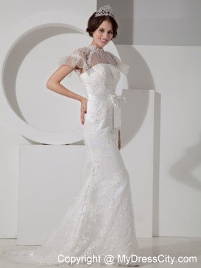 Fashionable High-neck Brush Train Lace and Sash Wedding Dress