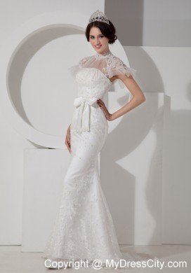 Fashionable High-neck Brush Train Lace and Sash Wedding Dress
