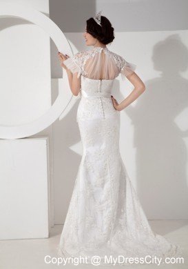 Fashionable High-neck Brush Train Lace and Sash Wedding Dress