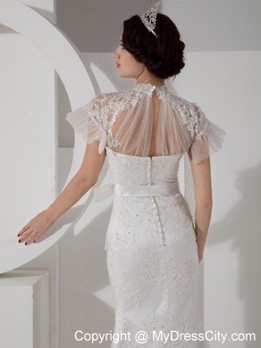 Fashionable High-neck Brush Train Lace and Sash Wedding Dress