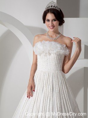 Modest A-line Strapless Brush Train Appliques Wedding Dress