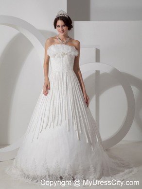 Modest A-line Strapless Brush Train Appliques Wedding Dress