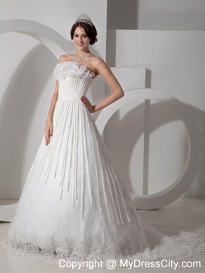 Modest A-line Strapless Brush Train Appliques Wedding Dress