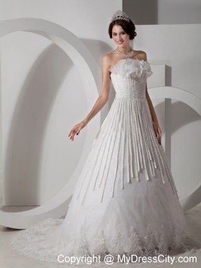 Modest A-line Strapless Brush Train Appliques Wedding Dress