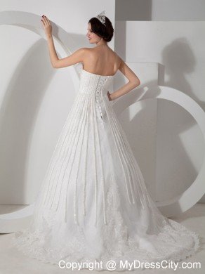 Modest A-line Strapless Brush Train Appliques Wedding Dress