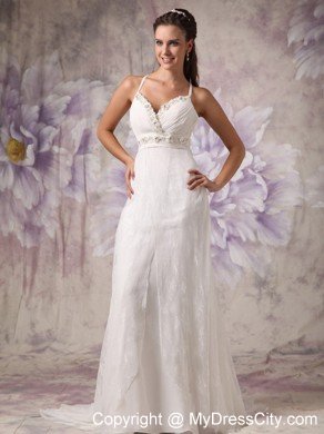 Sheath Spaghetti Straps Brush Train Lace Beaded Wedding Dress