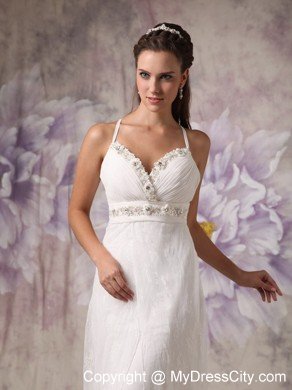 Sheath Spaghetti Straps Brush Train Lace Beaded Wedding Dress