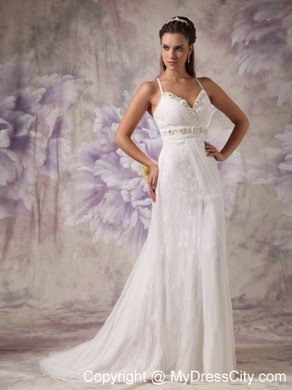 Sheath Spaghetti Straps Brush Train Lace Beaded Wedding Dress
