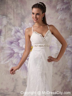 Sheath Spaghetti Straps Brush Train Lace Beaded Wedding Dress