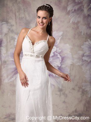 Sheath Spaghetti Straps Brush Train Lace Beaded Wedding Dress