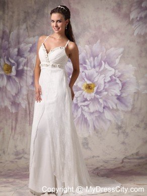 Sheath Spaghetti Straps Brush Train Lace Beaded Wedding Dress