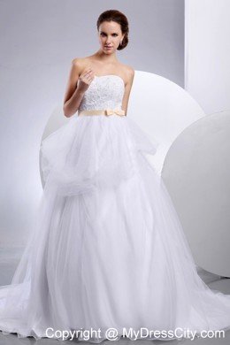 Pretty Strapless Bridal Gown with Appliques and Champagne Sash