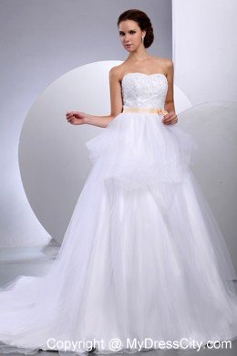 Pretty Strapless Bridal Gown with Appliques and Champagne Sash