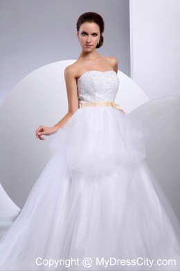 Pretty Strapless Bridal Gown with Appliques and Champagne Sash