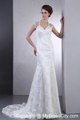 V-neck Lace Brush Train Column Bridal dress with Clasp Handle