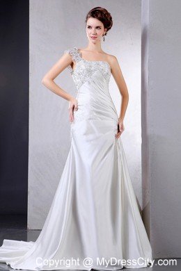 2013 Court Train Wedding Dress with Appliques One Shoulder