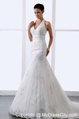 2013 Modern Halter Appliques Tulle Court Train Wedding Dress