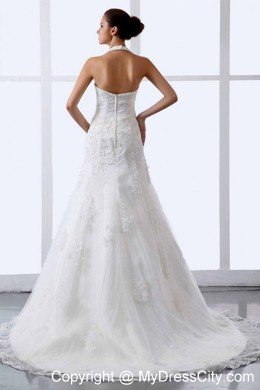 2013 Modern Halter Appliques Tulle Court Train Wedding Dress