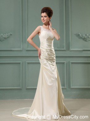 Scoop Neck Column Champagne Taffeta Brush Train Wedding Dress