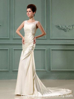 Scoop Neck Column Champagne Taffeta Brush Train Wedding Dress