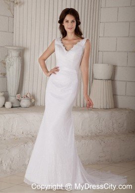 Sexy Mermaid V-neck Court Train Lace Claps Handle Wedding Dress