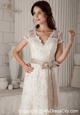 Sheath V-neck Lace Wedding Dress with Sash and Short Sleeves