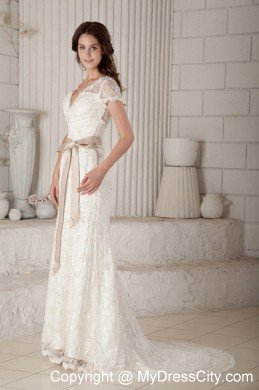 Sheath V-neck Lace Wedding Dress with Sash and Short Sleeves