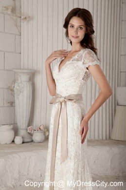 Sheath V-neck Lace Wedding Dress with Sash and Short Sleeves