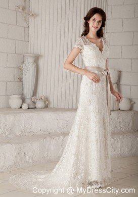 Sheath V-neck Lace Wedding Dress with Sash and Short Sleeves