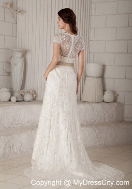 Sheath V-neck Lace Wedding Dress with Sash and Short Sleeves