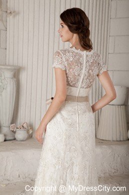 Sheath V-neck Lace Wedding Dress with Sash and Short Sleeves