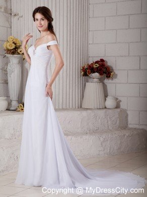 Simple A-line Off The Shoulder Court Train Beaded Bridal Gown