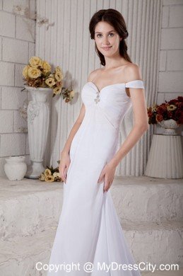Simple A-line Off The Shoulder Court Train Beaded Bridal Gown