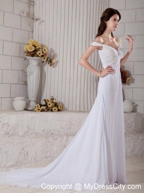 Simple A-line Off The Shoulder Court Train Beaded Bridal Gown