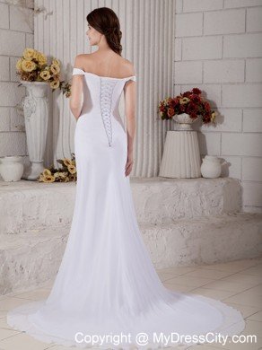 Simple A-line Off The Shoulder Court Train Beaded Bridal Gown