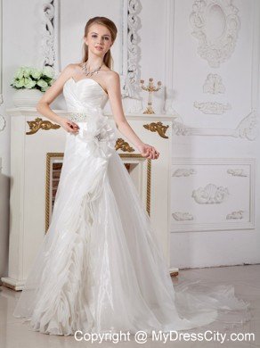 A-line Court Train Beading Wedding Dress with Hand Made Flower